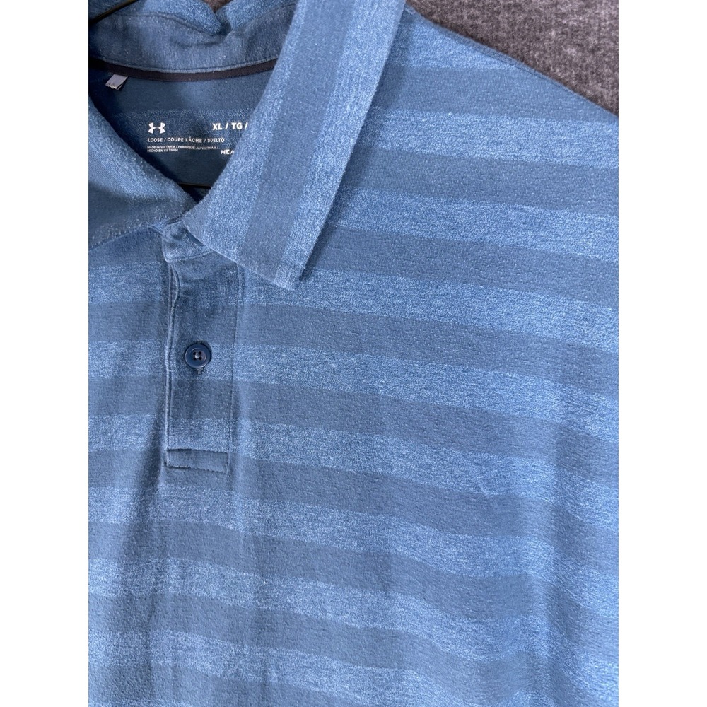 Under Armour Loose Fit Heat Gear Polo Short Sleeve‎ Size Large Blue Stripe